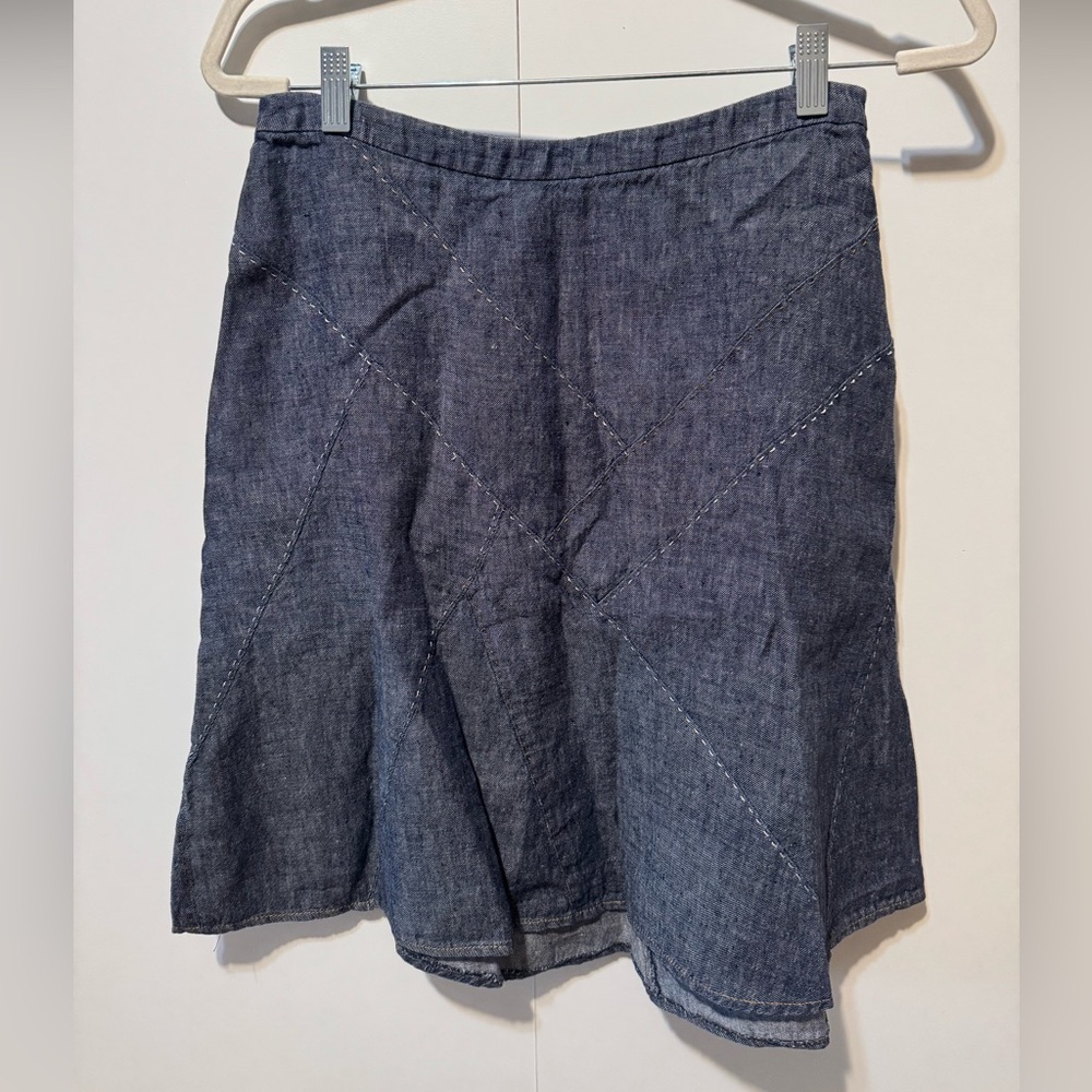 CAbi 100% Linen Blue Chambray Patchwork Stitch A-line Skirt Western Size 8